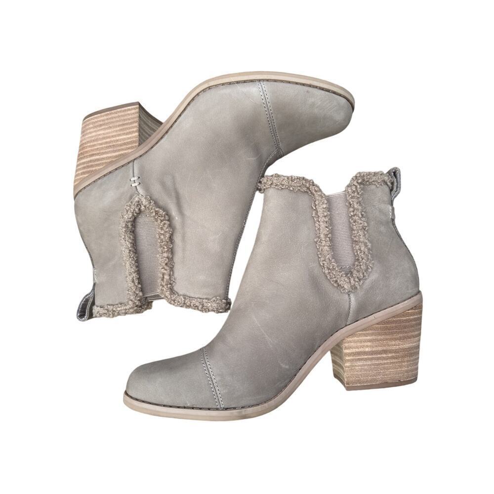 Toms Womens 8.5 Everly Pull On Ankle Boots Taupe Gray Leather Faux Shearling